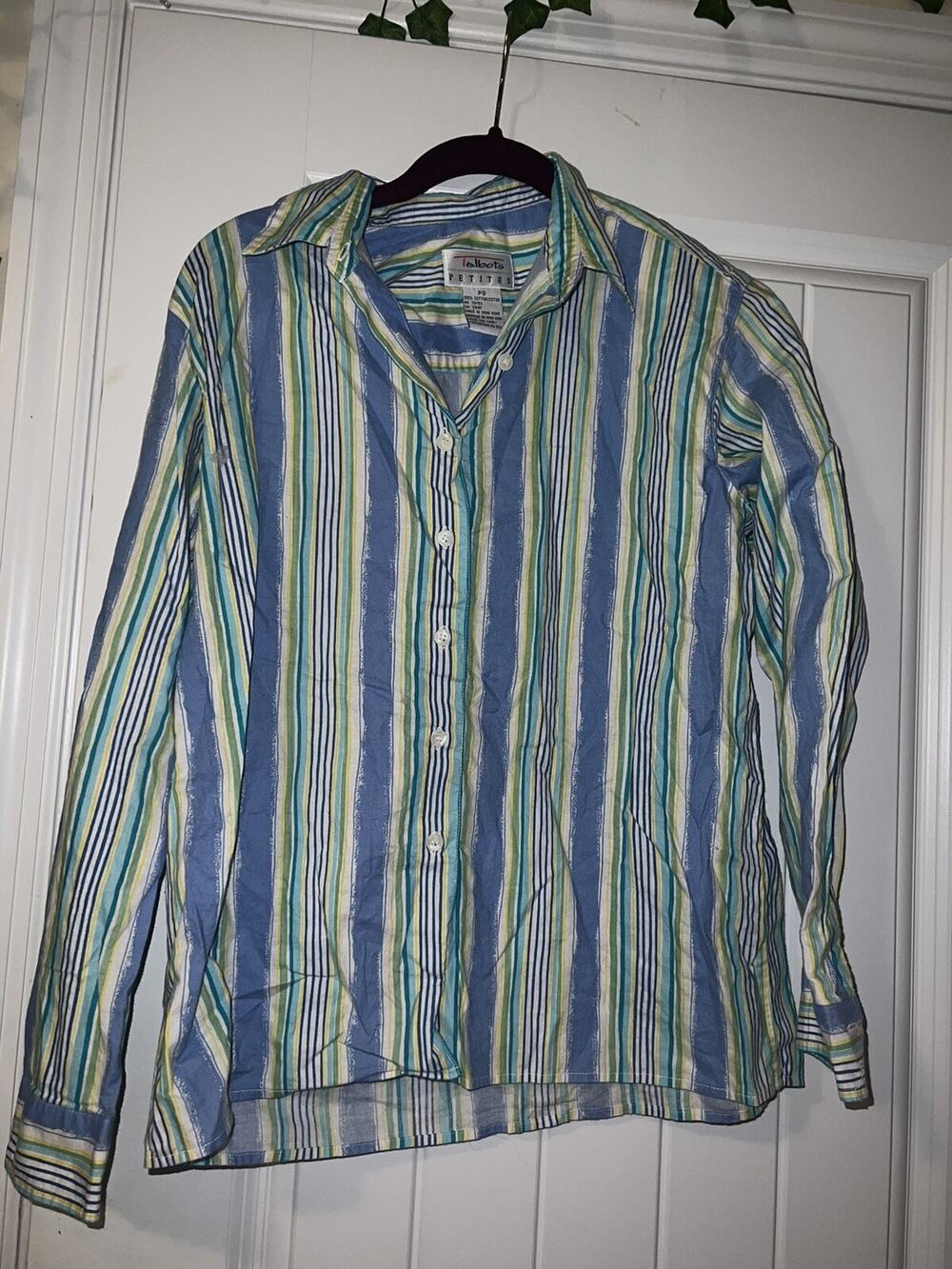talbots petites women’s button down blue yellow striped shirt long sleeve PS